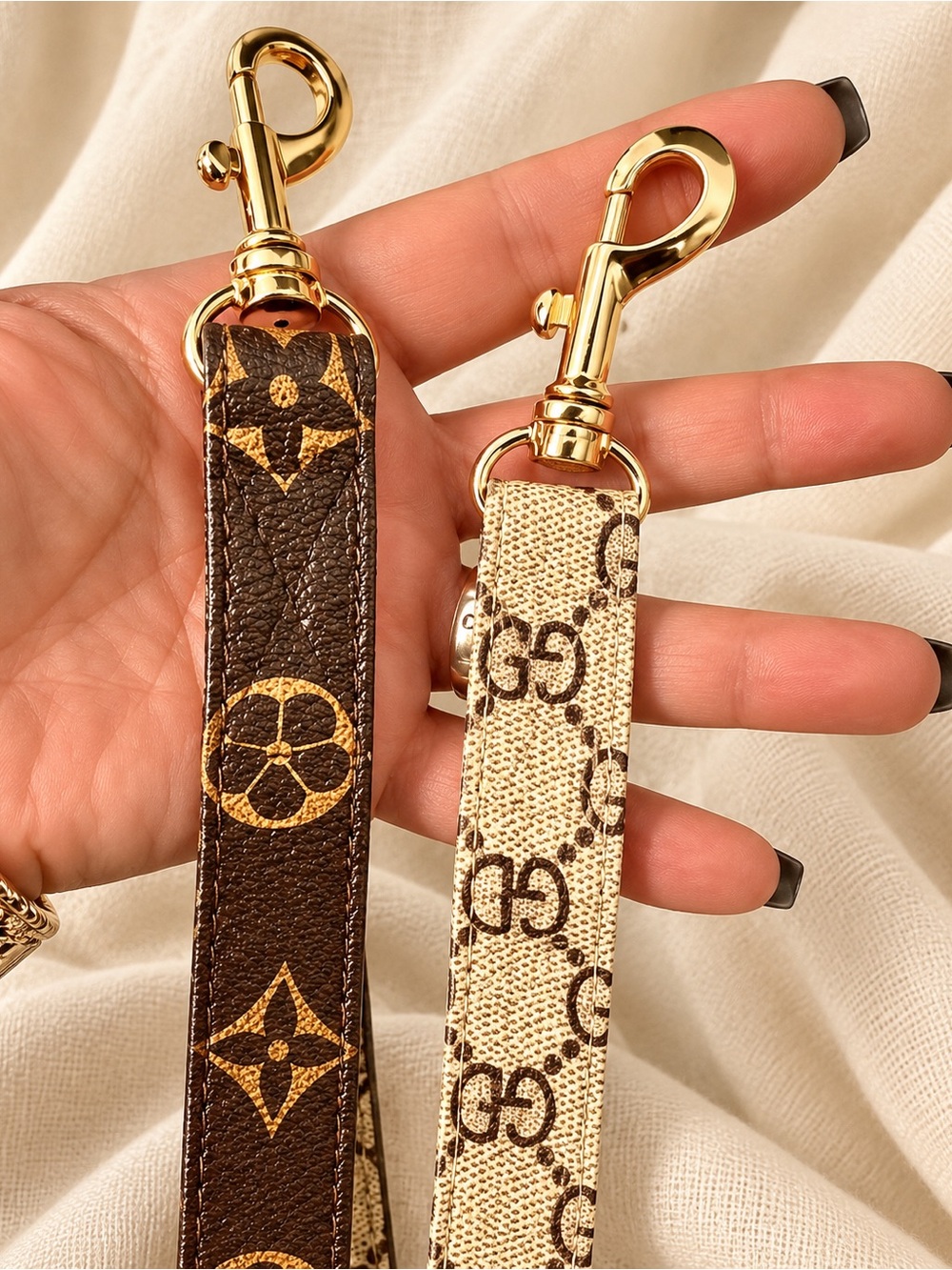 Designer-Inspired Brown and Beige Patterned Wristlet Straps - Picture 5 of 9